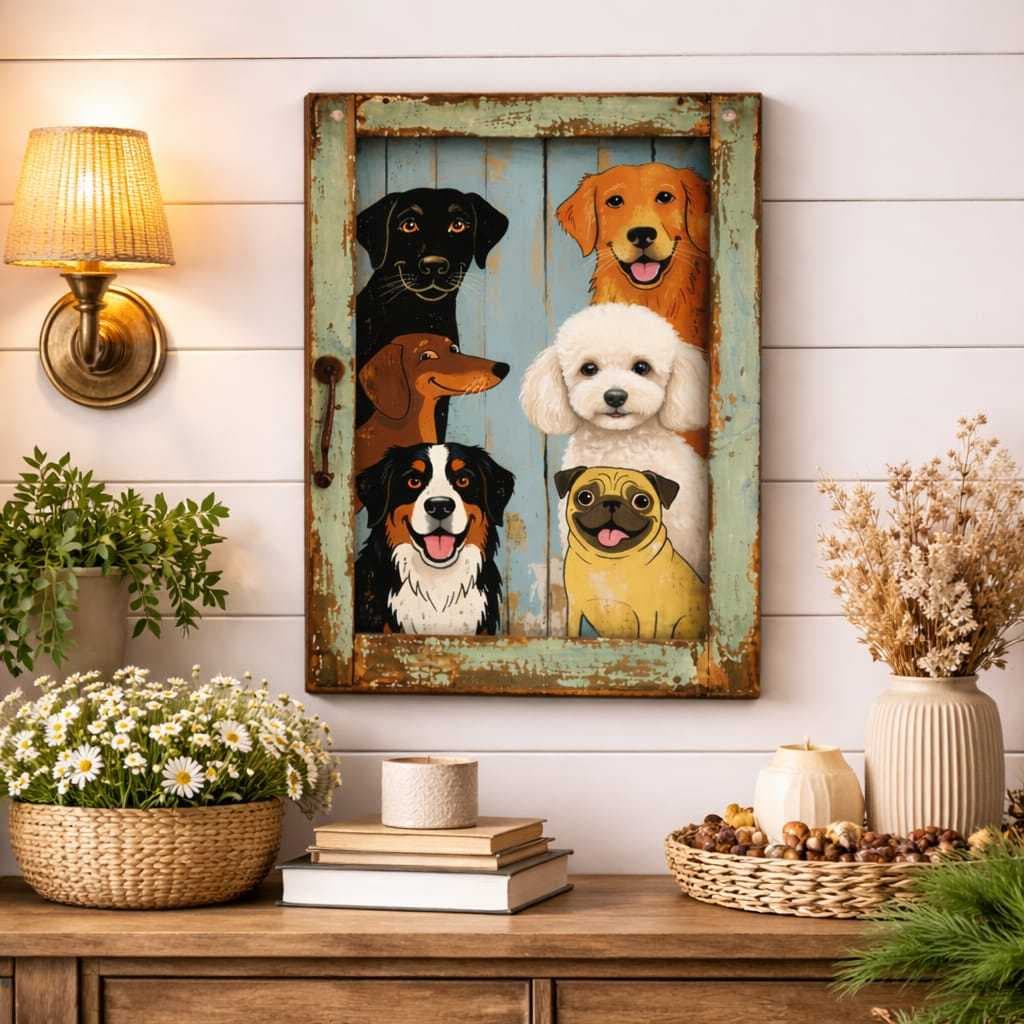 Quadro Decorativo Cachorros Coloridos Estilo Vintage – Decoração Criativa Hall