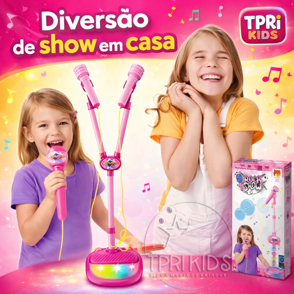 Microfone Infantil Karaokê Duplo 2 Microfones Pedestal Som LED Brinquedo Menina Menino Bluetooth