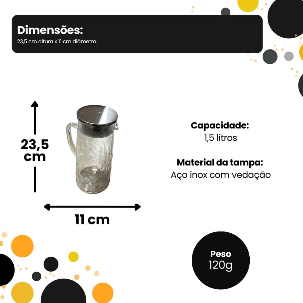 Jarra de VIDRO com Tampa Hermética – 1,5L água, sucos, refrescos, chás gelados e outras bebidas