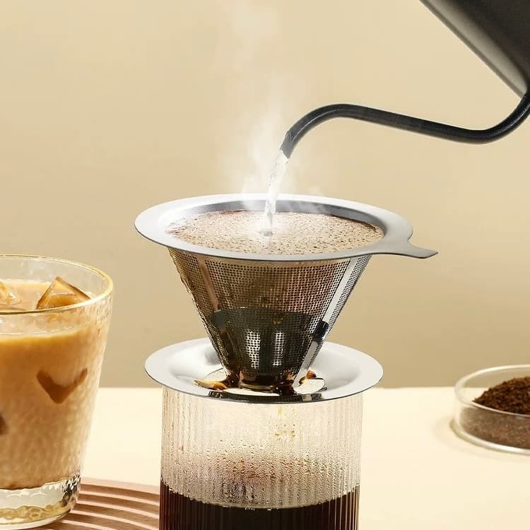 Filtro de Café Grande Inox Reutilizável Dupla Filtragem Com ou Sem Papel Alça Isolante