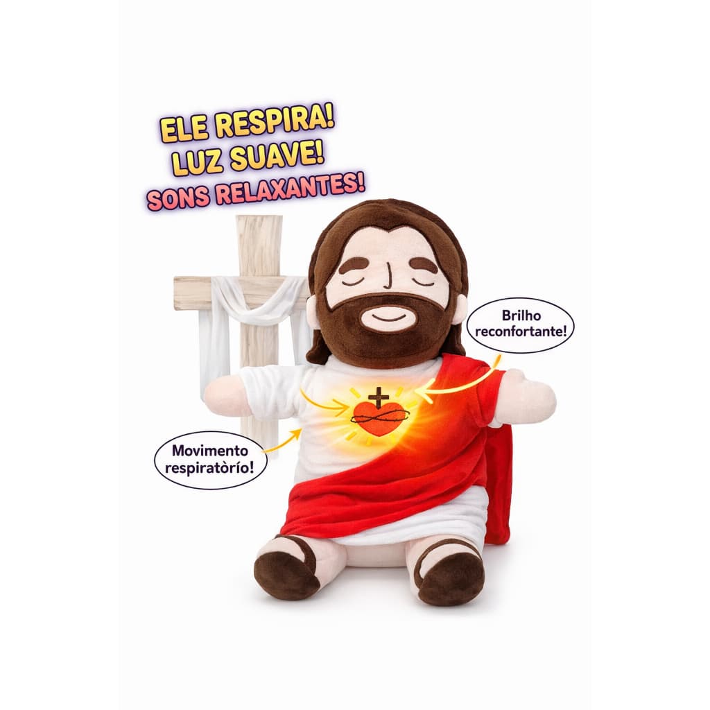 Pelucia de Jesus que respira - barriga com luz e respiração - Alivio da ansiedade proteção dormir - brinquedo cristão