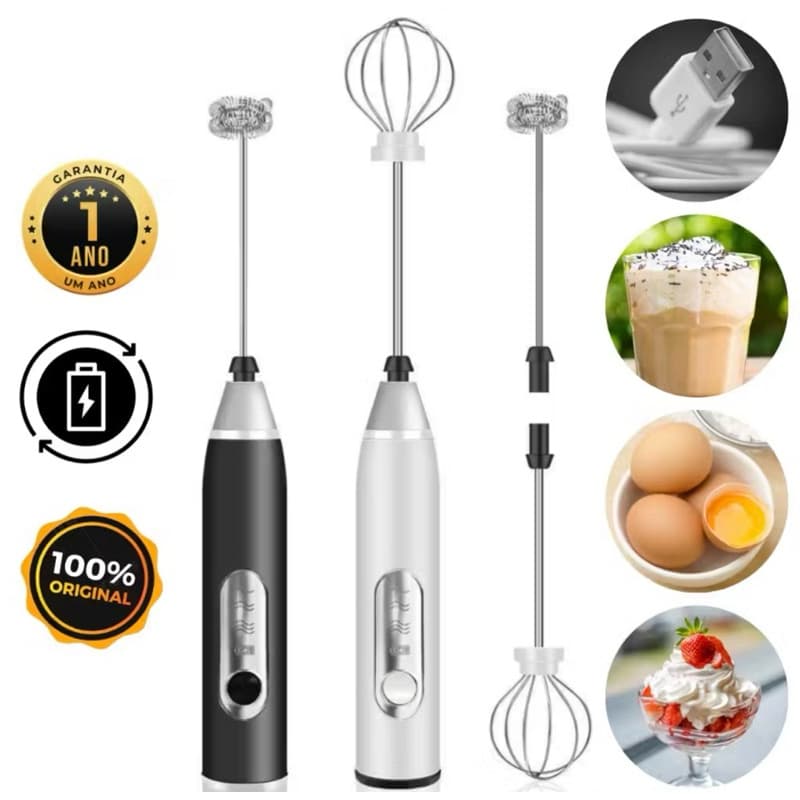 Batedor Misturador Mixer Elétrico para Bebidas Leite Café Clara de Ovo 2 em 1