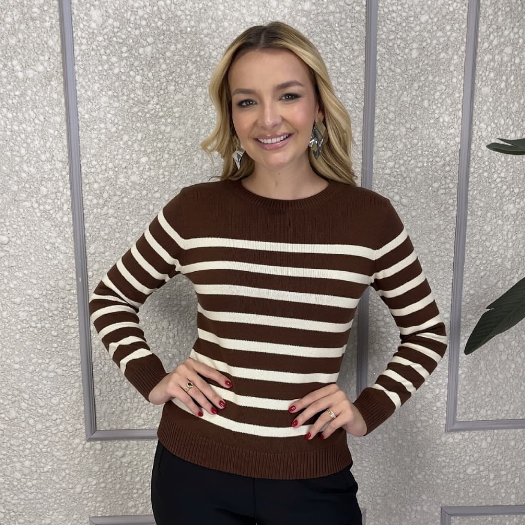 Blusa Feminina Tricot Modal Listrado Manga Longa Inverno Casual