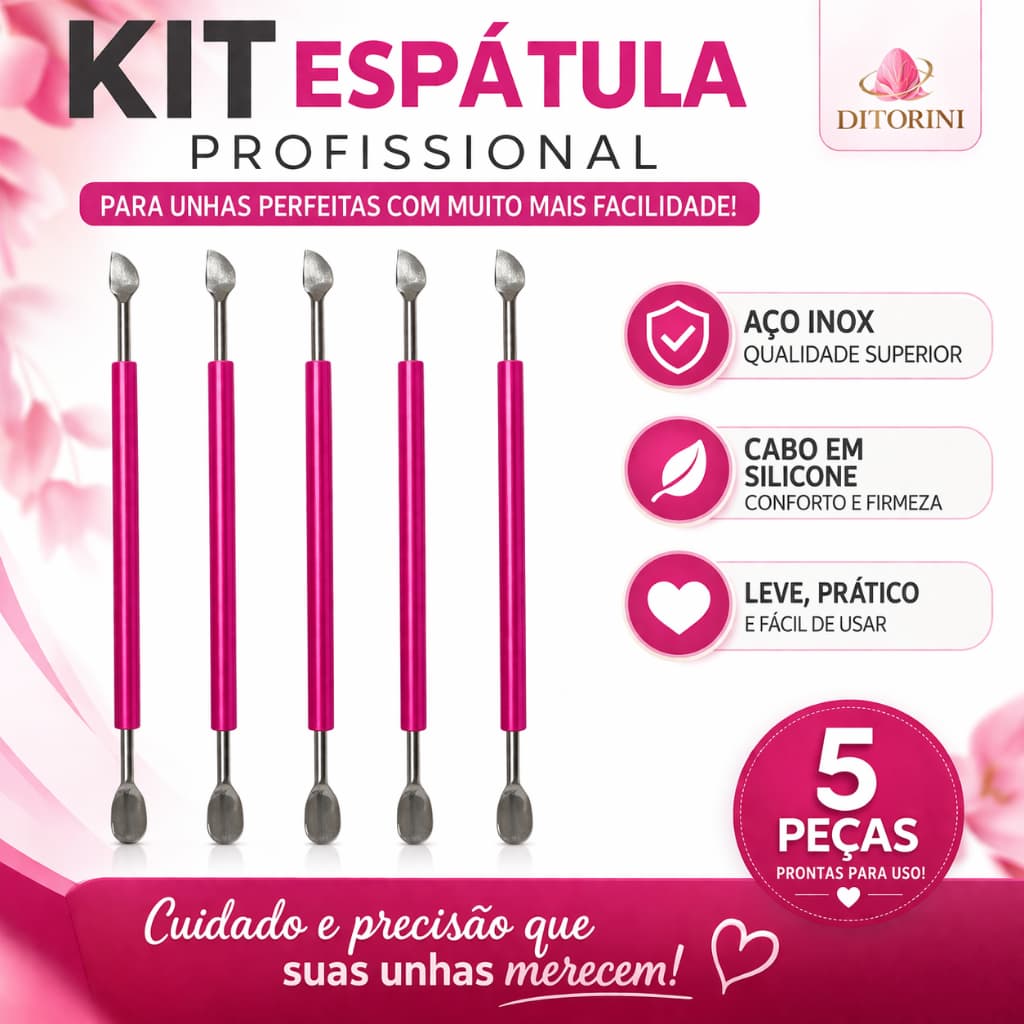 Kit 5 Espátulas Empurrador de Cutícula Inox Profissional Manicure Pedicure Silicone Rosa
