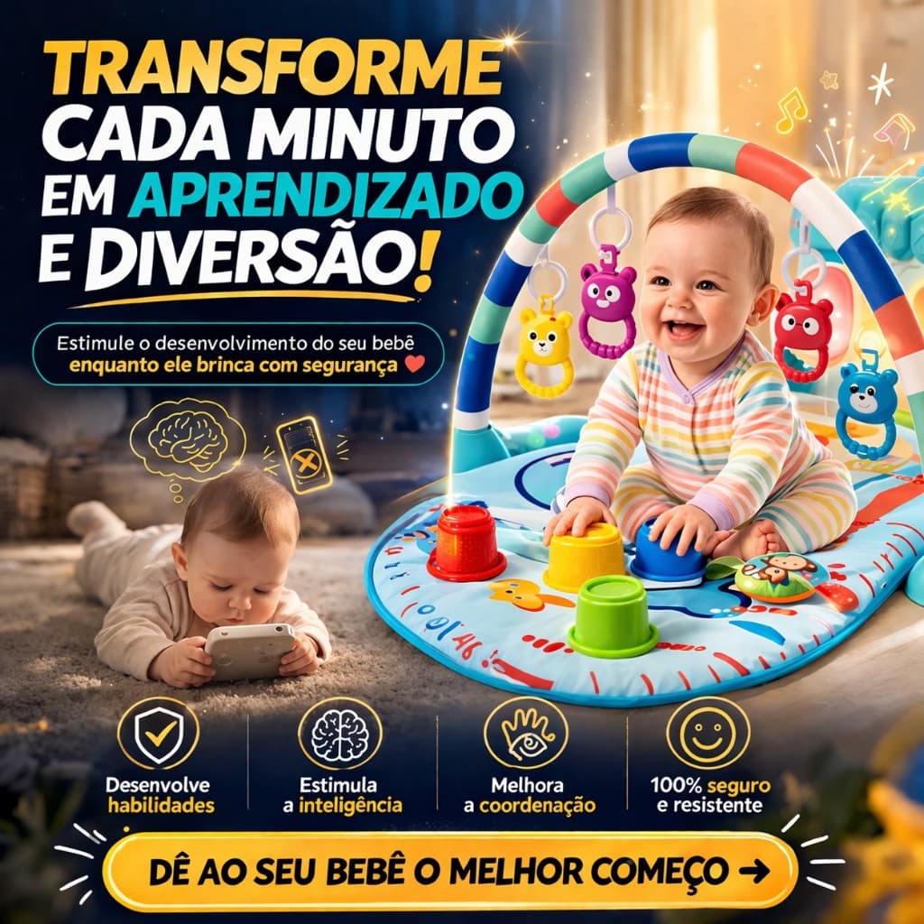 Tapete de Atividades Bebê Musical Piano Interativo | Tapete Infantil Educativo Sensorial Sons e Luzes Desenvolvimento