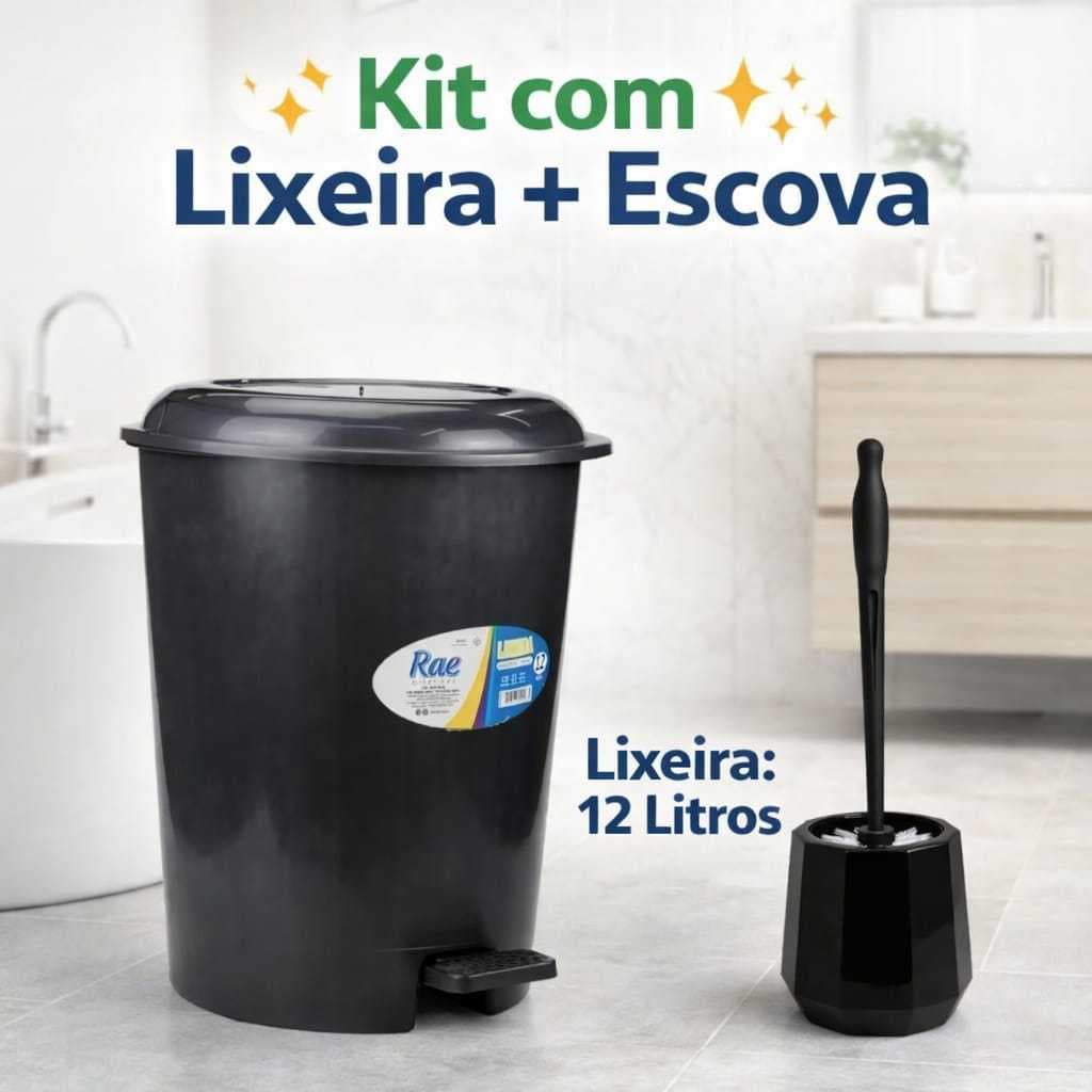 kit Com Escova Sanitaria Banheiro Lavabo Com Suporte + 1 Lixeira Preta Redonda 12 Litros Limpeza Organização Banheiro