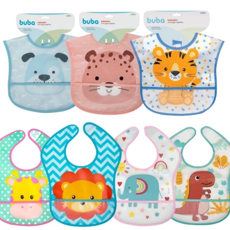 Babador Impermeável com bolso pega migalhas Buba Animal Fun | Para alimentação infantil