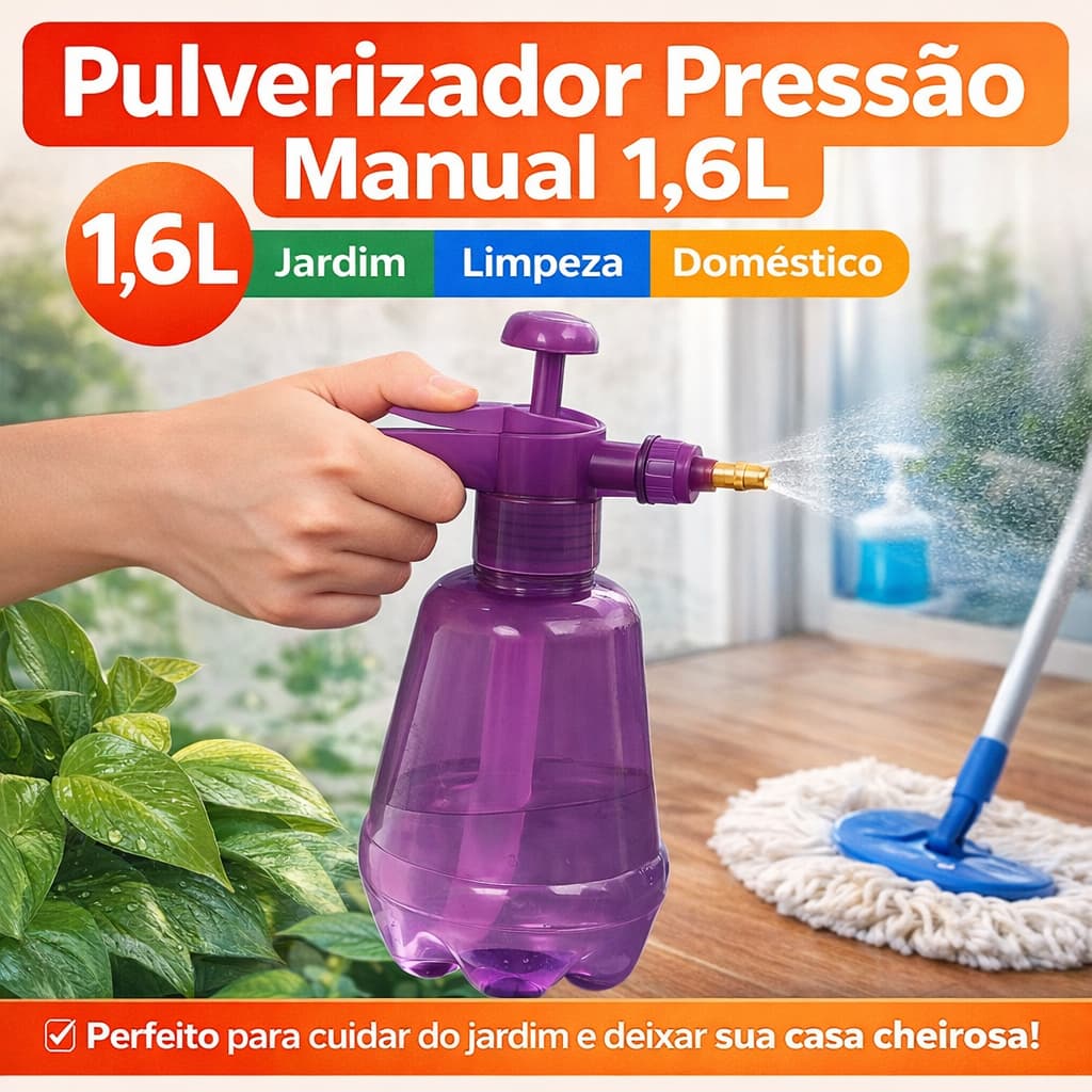 Pulverizador Pressão 1,6L Manual Spray Contínuo | Borrifador Jardim Plantas Limpeza Casa Multiuso