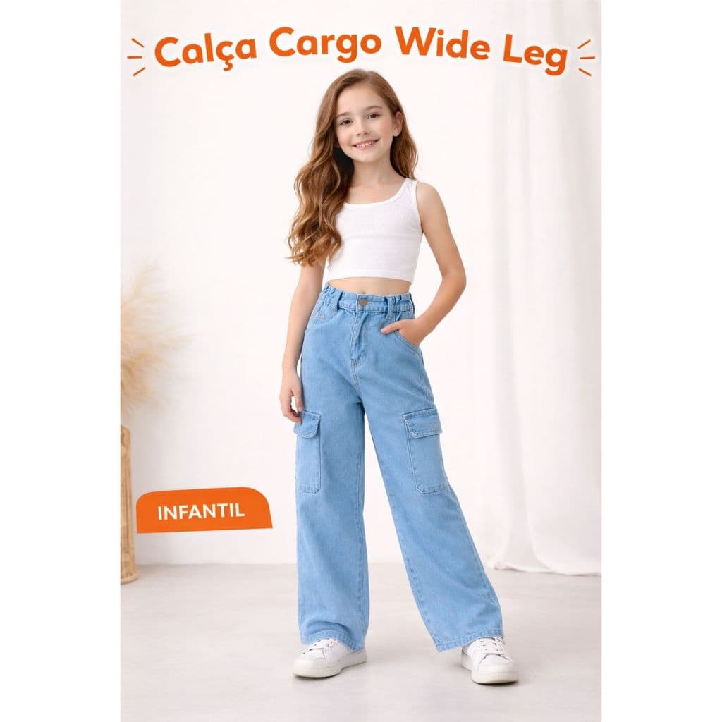CALÇA JEANS INFANTO-JUVENIL CARGO WIDELEG 10 A 16 ANOS