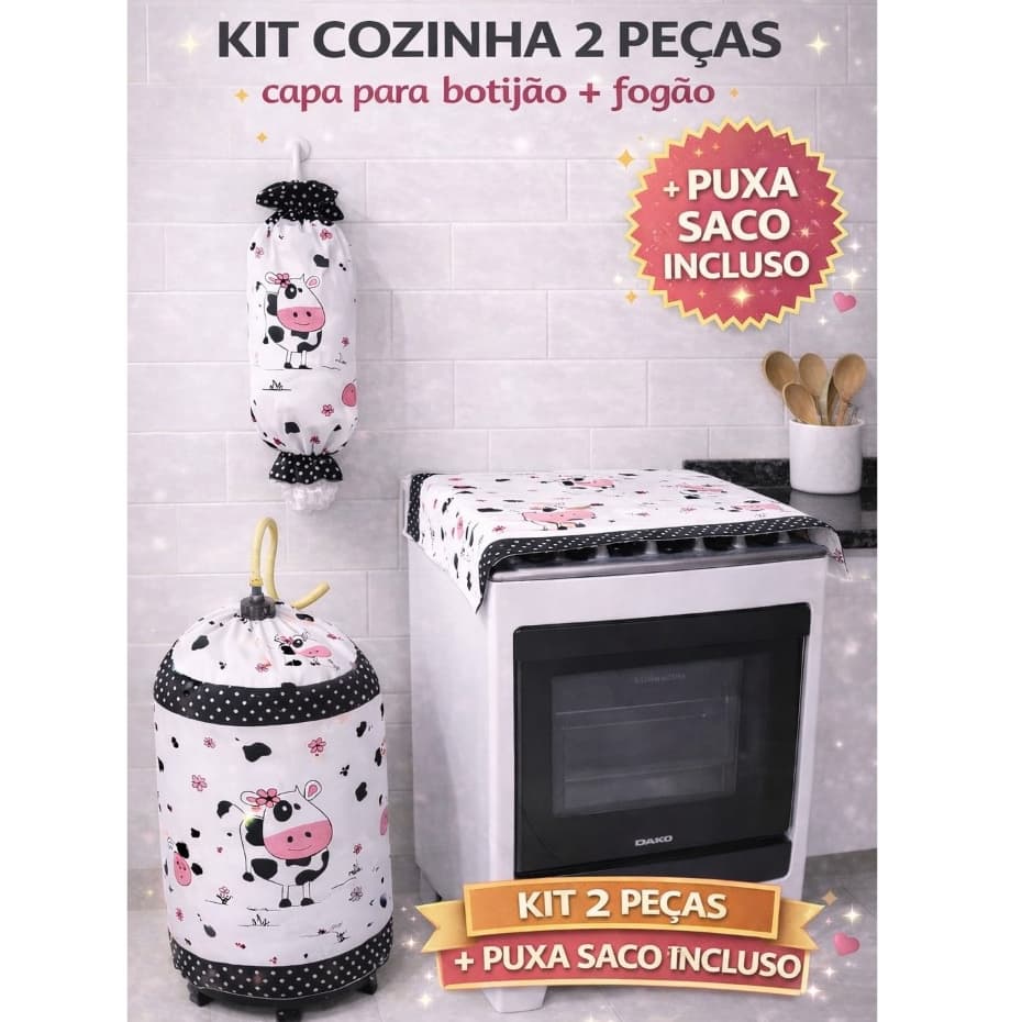 Kit Cozinha 2 Peças + Puxa Saco INCLUSO | Capa Fogão + Capa Botijão Decorativo Promoção
