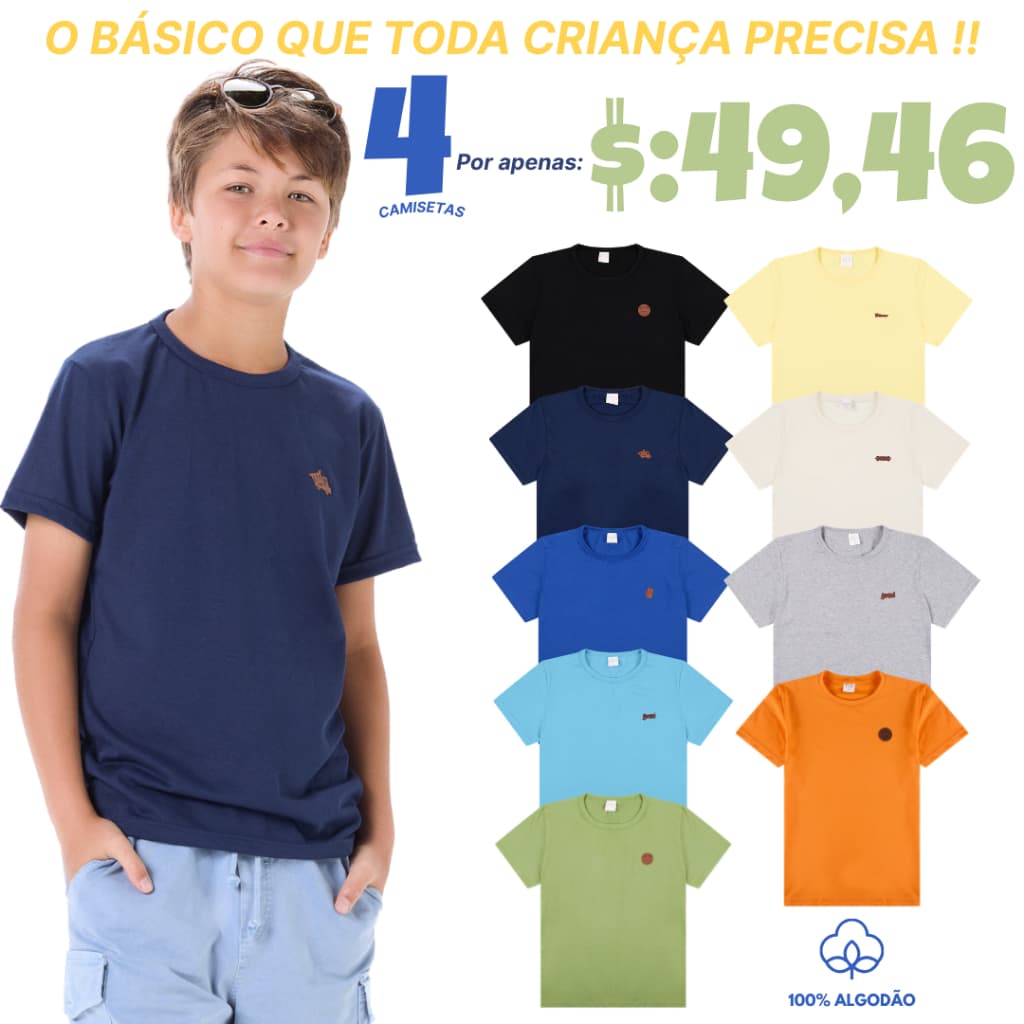 Kit Sortido 4 Camisetas Básicas Infantil Menino Manga Curta 100% algodão 2 ao 16 anos