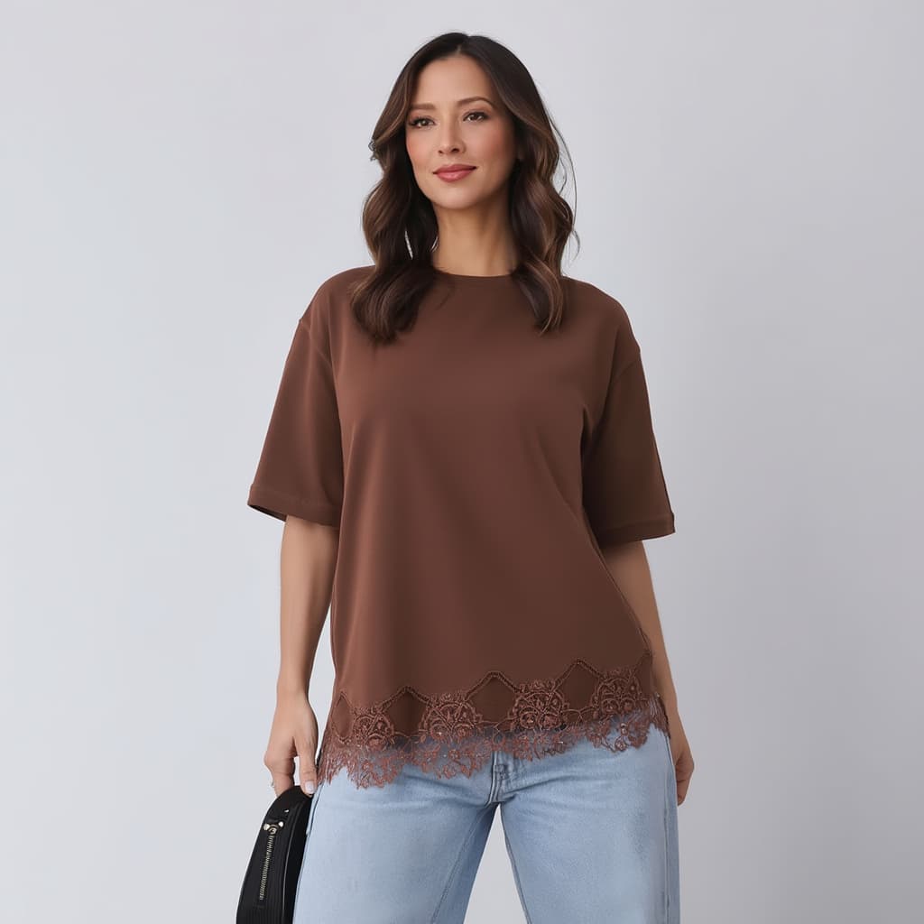 Camiseta Feminina Blusa Detalhe em Renda 100% Algodão Estilosa