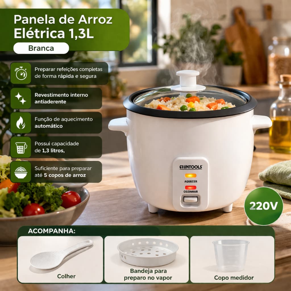 Panela de Arroz Elétrica 1,3L 220V 5 Copos Vapor Automática Antiaderente mantem aquecido- Branca