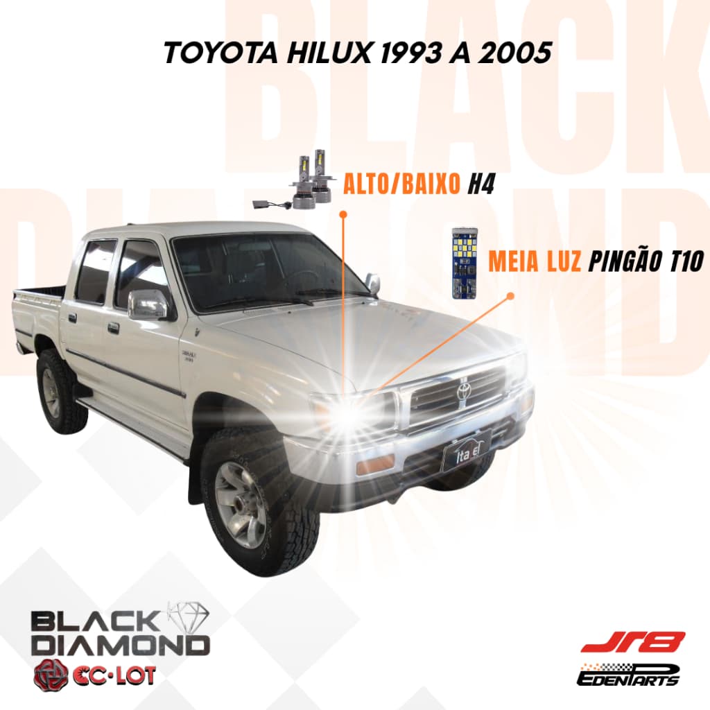 Kit Lâmpadas Farol LED Toyota Hilux 1993 a 2005 JR8 BlackDiamond H4 6000K + Lâmpada Pingão T10 21 LED