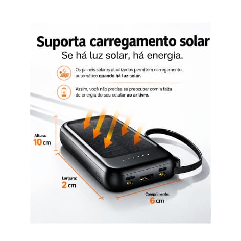 Power Bank Solar 10000mAh Portátil 4 Cabos Carregador Rápido LED