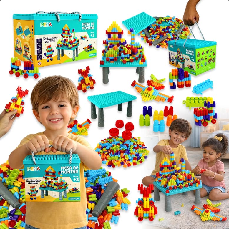Mesa De Montar Infantil Educativa 400 Peças Com Caixa +3 Ano