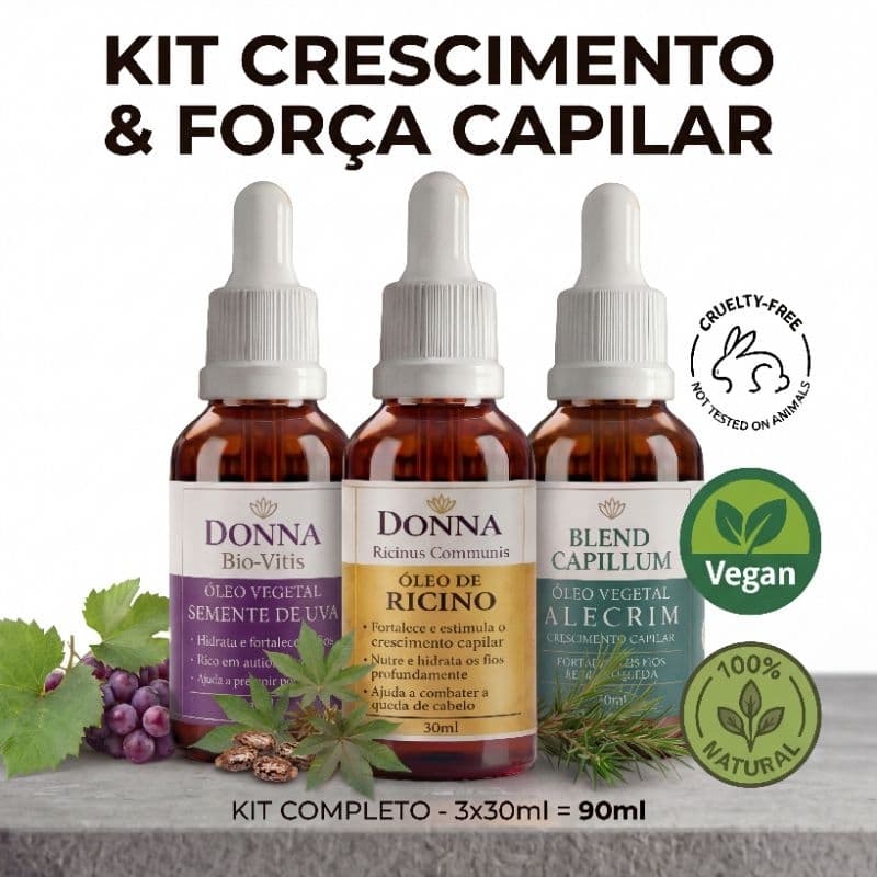 Kit Crescimento e Força Capilar - Rícino Uva Alecrim - Donna Cosméticos - 3 x 30ml