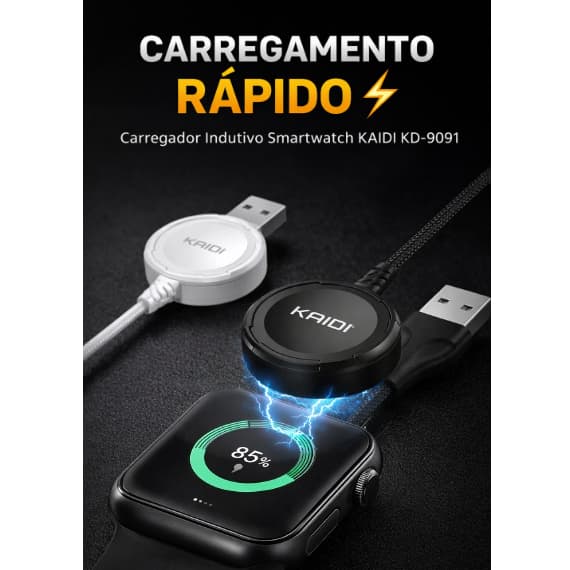 Carregador Indutivo Smartwatch Universal KAIDI KD-9091 USB Rápido Magnético Compatível Vários Modelos envio imediato