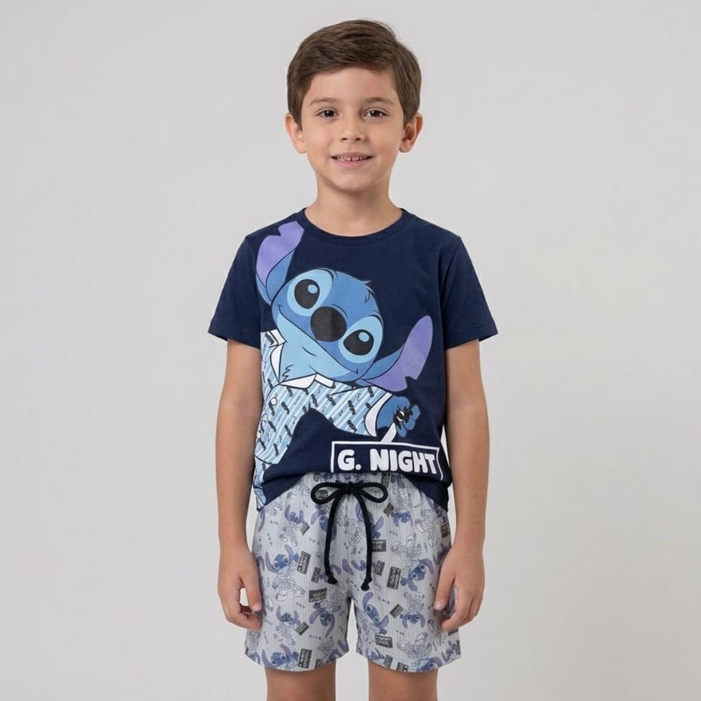 Pijama Infantil Menino Stitch Brilha no Escuro Azul Conjunto Curto 2 ao 12 Anos Roupa Dormir