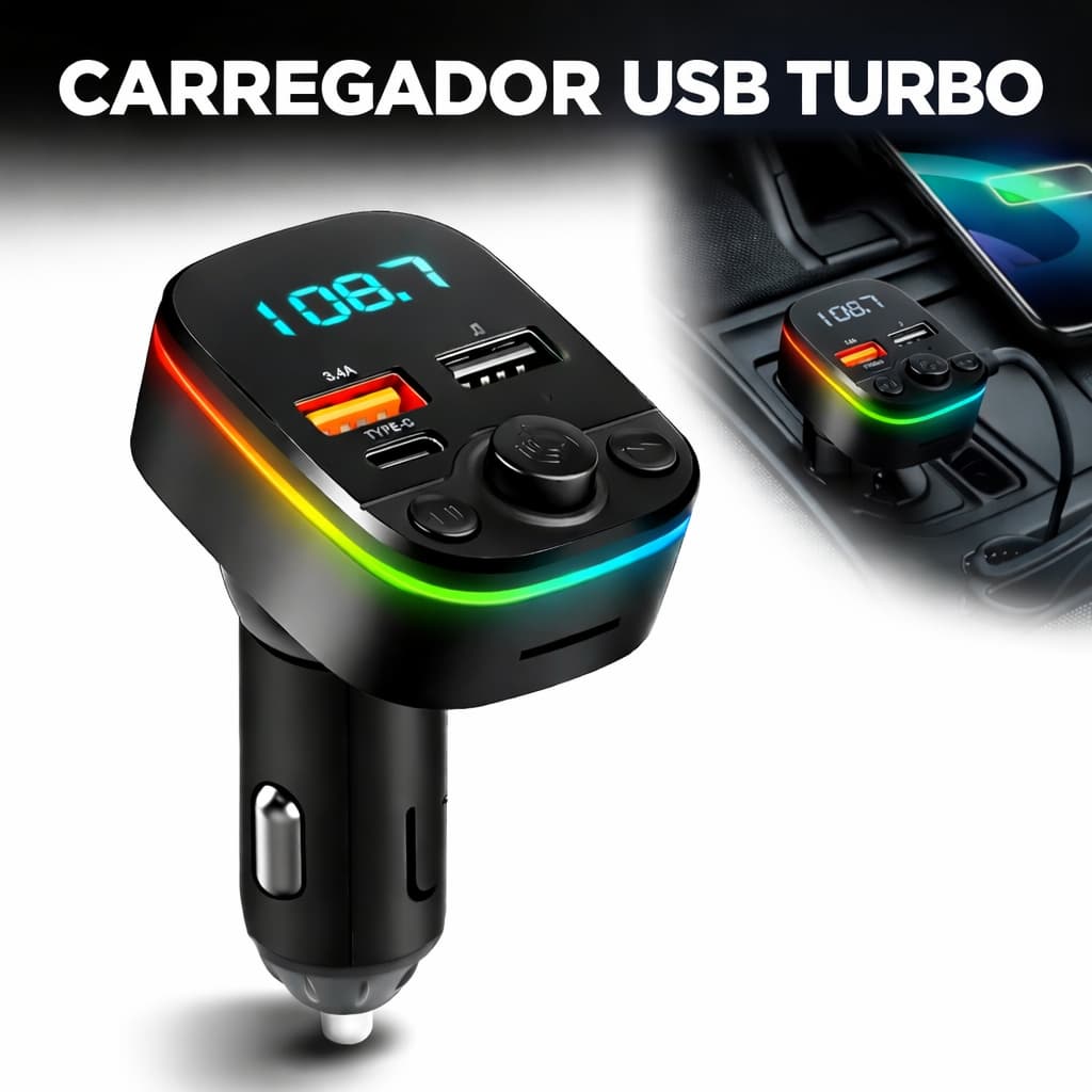 Carregador USB Turbo PD 20W Carro TYPE-C Transmissor Receptor FM Bluetooth Veicular MP3 Rádio Com Luz LED Arco-Íris lulu