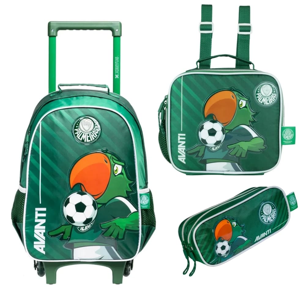 Kit Mochila Com Carrinho Lancheira  e Estojo Duplo Palmeiras