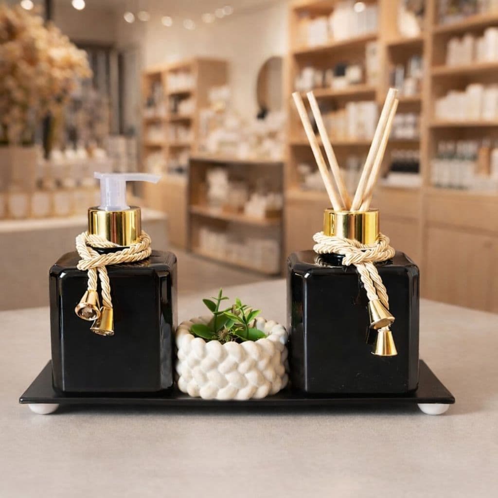 Kit Lavabo Luxo para Banheiro com Saboneteira Aromatizador Difusor e Bandeja
