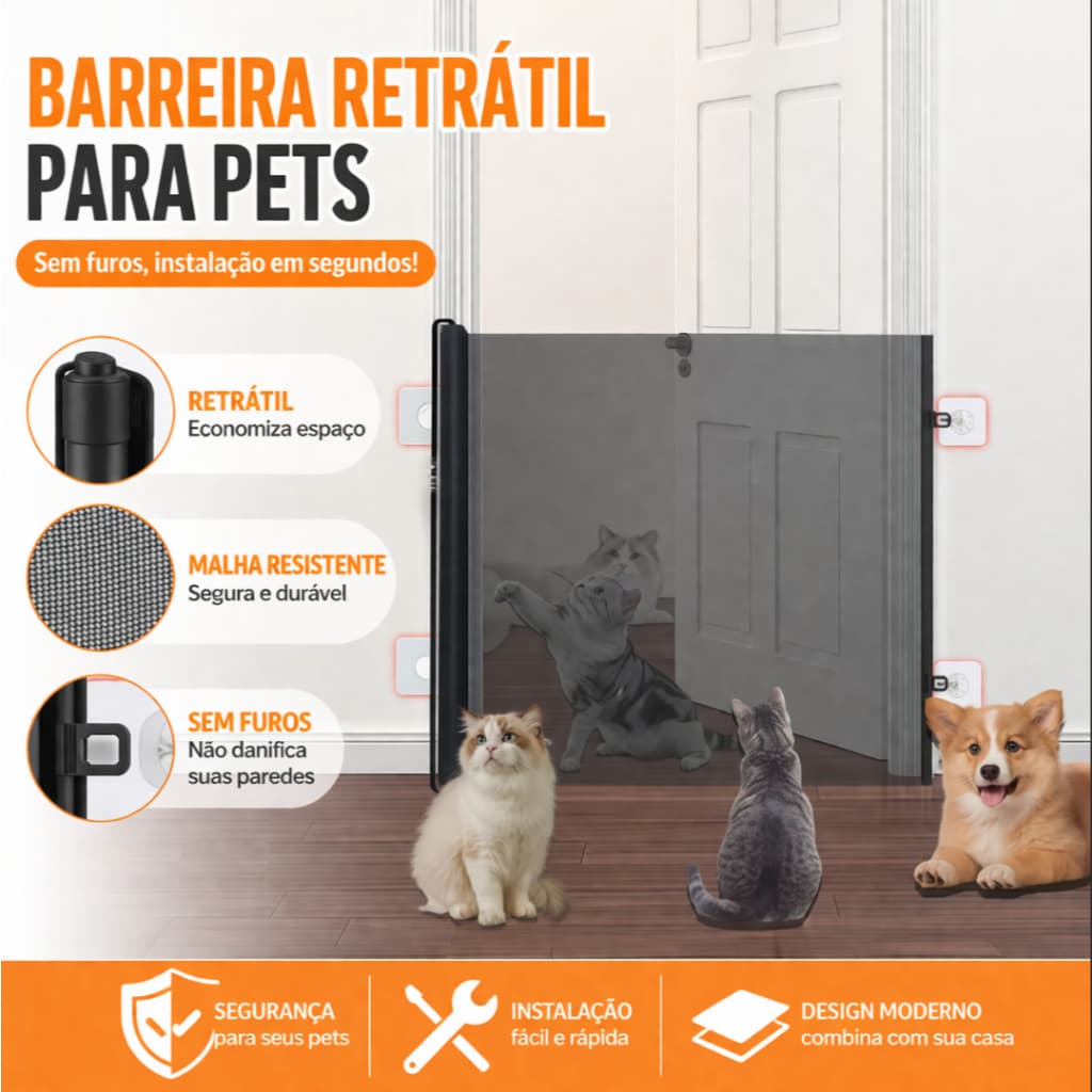 110*78/130*78cm Portão Retrátil de Segurança para Cachorro e Pets | Ajustável, Sem Furo, para Porta e Escada – Preto