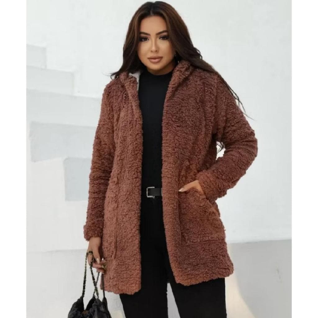 Max Casaco Teddy Pelo Quentinho Com Touca SobreTudo Blusão Moda Inverno