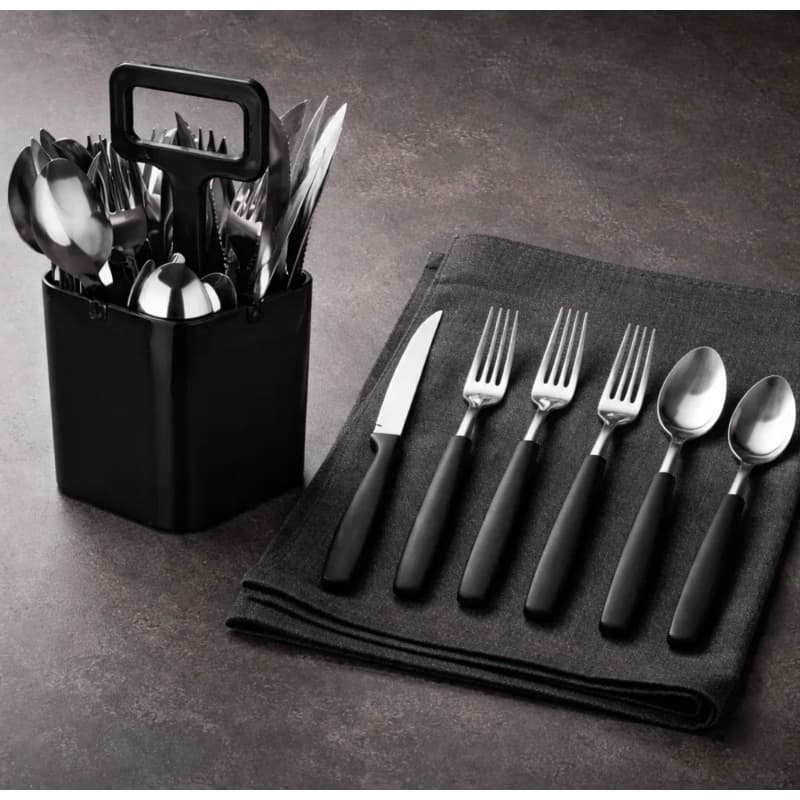 Jogo Talheres 25 Peças Preto Kit Completo Garfo Faca Colher Suporte Organizador Cozinha Talheres