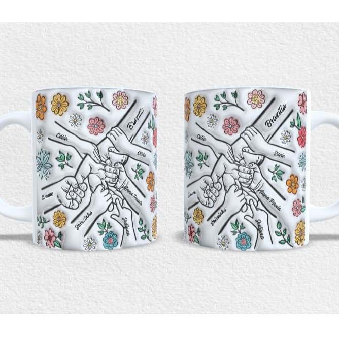 Caneca Personalizada Floral Dia Das Maes Segurando Mão da Mãe/Avó Com Efeito Inflado 3D