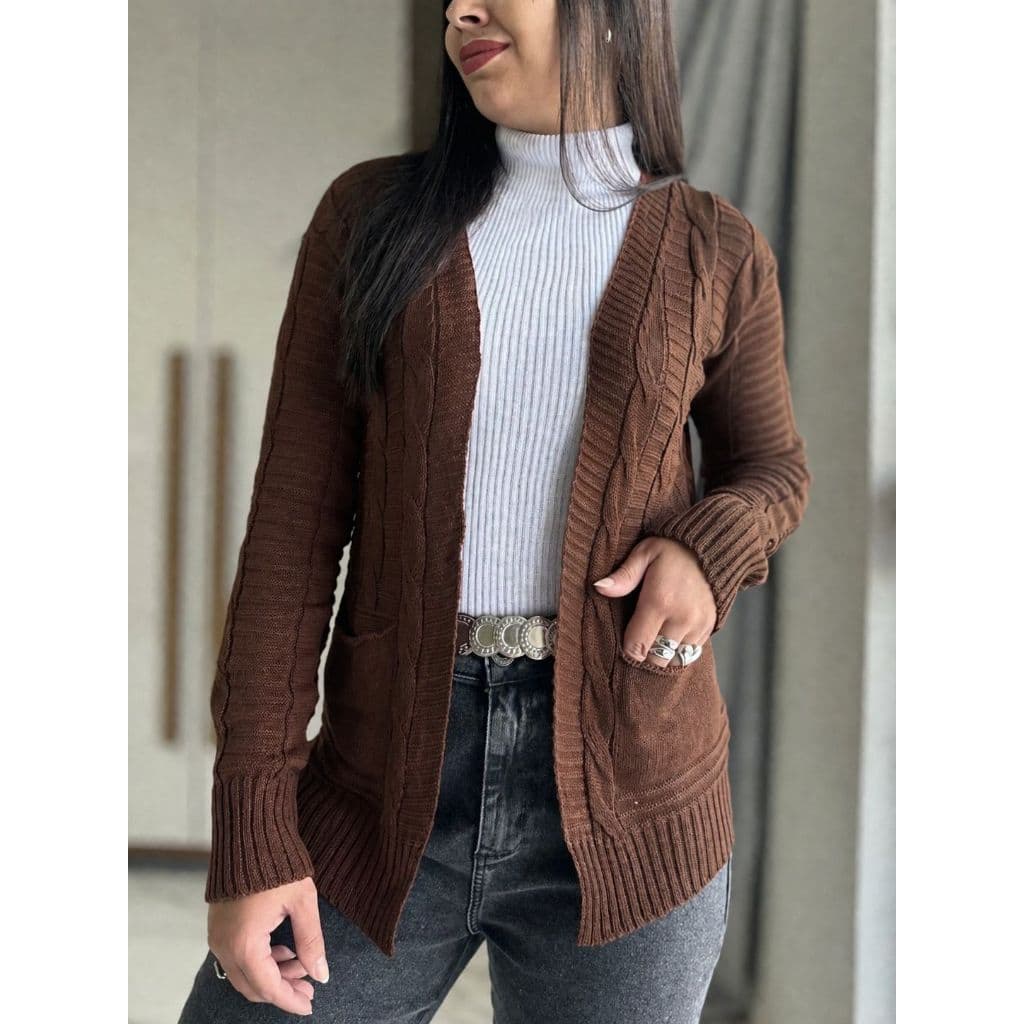 Casaco Trança com Bolsinho Tricot Feminino moda Inverno Lã bolso DANI max no cardigan Outono Tricô