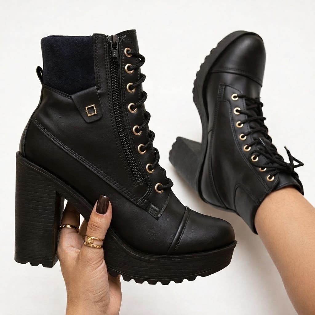 Bota Preta Coturno Tratorado Moda Feminino Rock Cano Médio Blogueira Lançamento World Boot