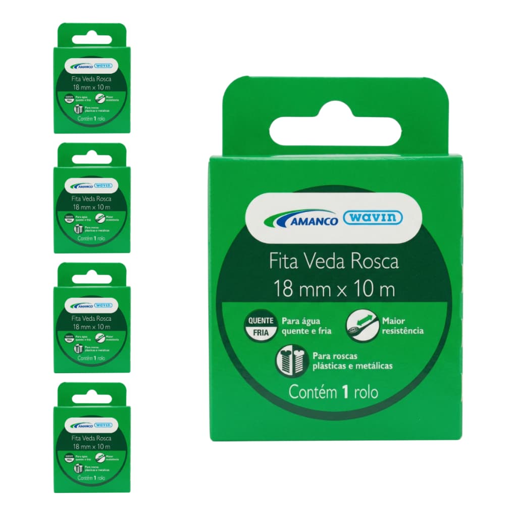 Kit 5 Fita Veda Rosca 18mm X 10m Amanco Branca Teflon