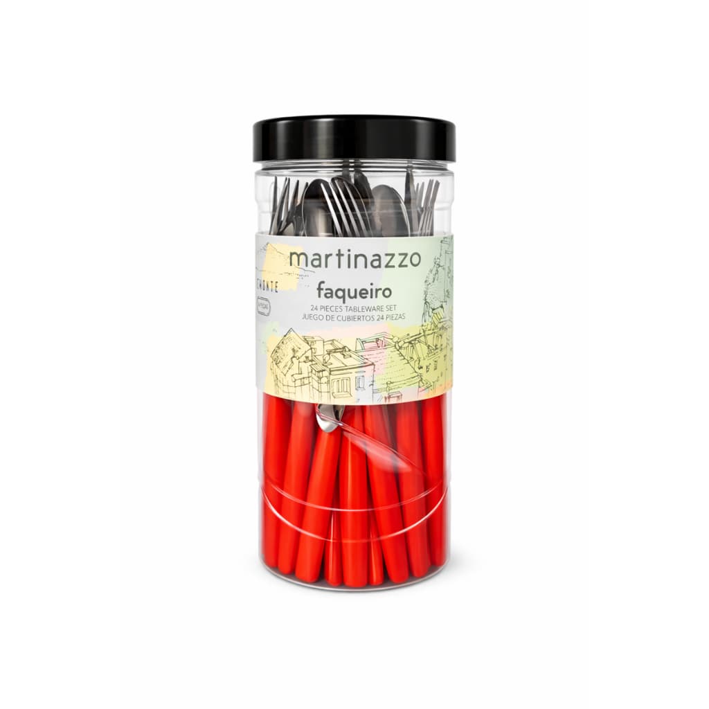 Faqueiro Inox 16 Peças Com Pote Preto Vermelho Kit Cozinha Jogo de Talheres