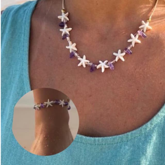Tornozeleira ou Pulseira Praiano Artesanal Estrelas Pérolas Miçangas Moda Verão