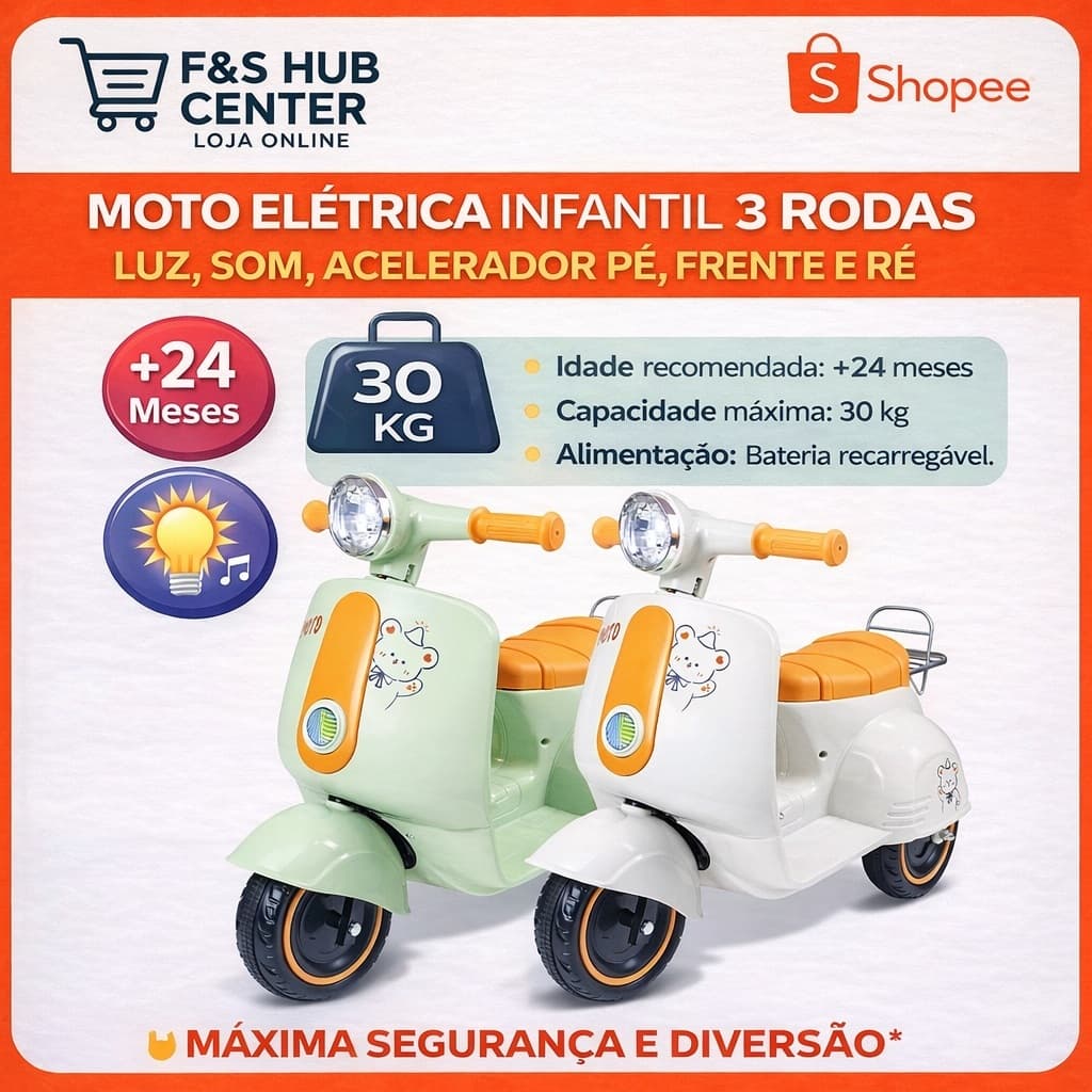 Moto Elétrica Infantil 3 Rodas com Acelerador no Pé, Luz, Som e Ré