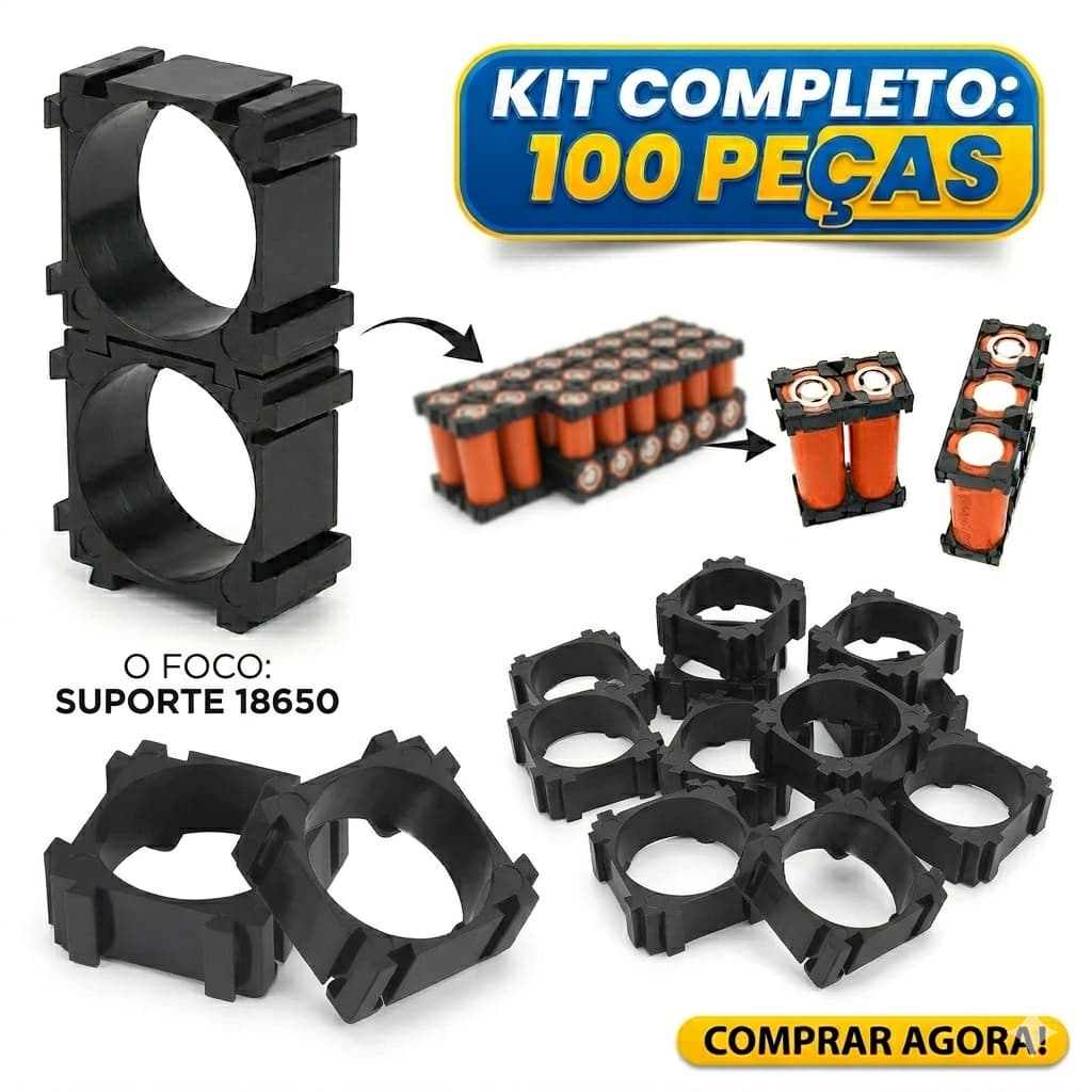 Kit 100x Suporte Plástico p/ Bateria 18650 | Espaçador de Células Li-ion | Fixação Pack Power Bank DIY