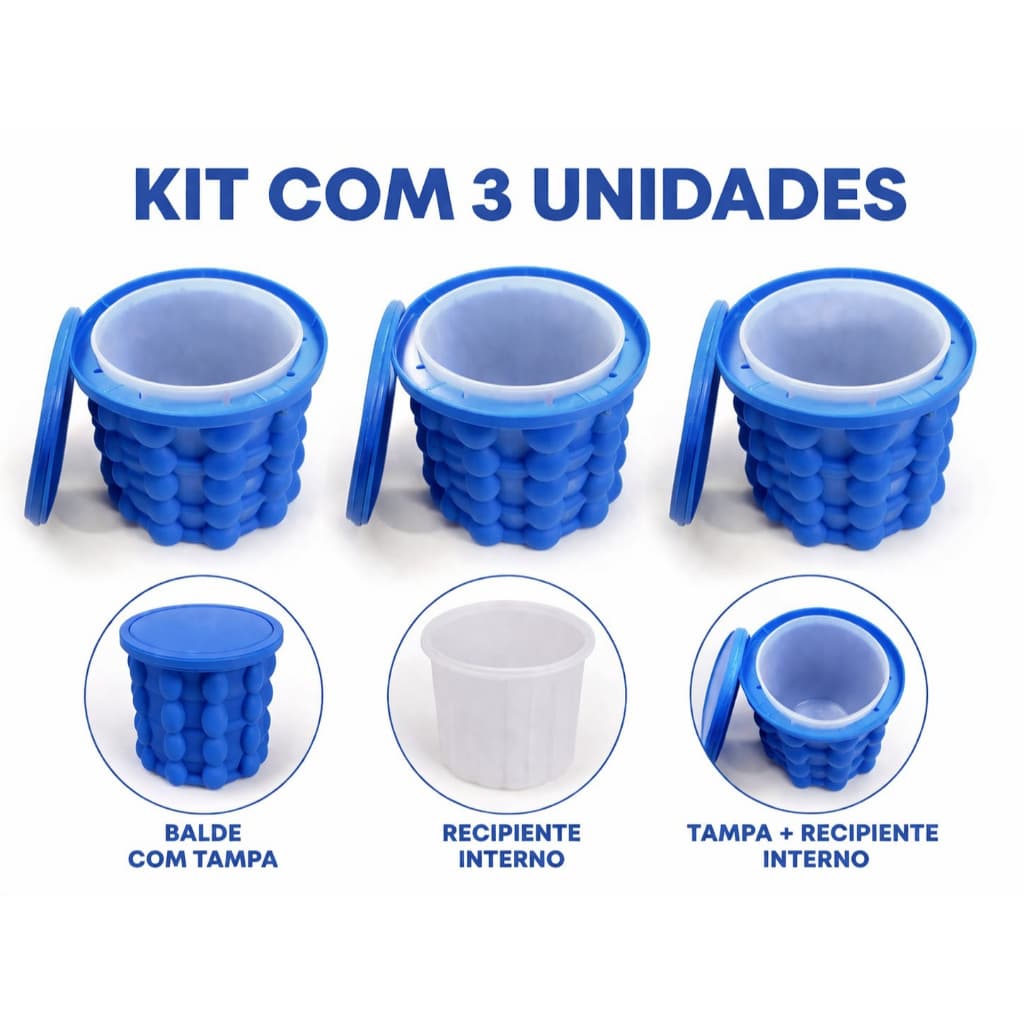 Kit 3 Baldes de Gelo Silicone 120 Cubos com Tampa Azul
