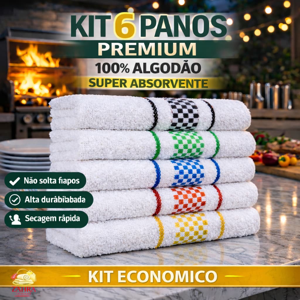 Kit 6 Peças Pano de Prato Macio 100% Algodão - Grosso - Alta Absorção 45x70 Toalha Cozinha