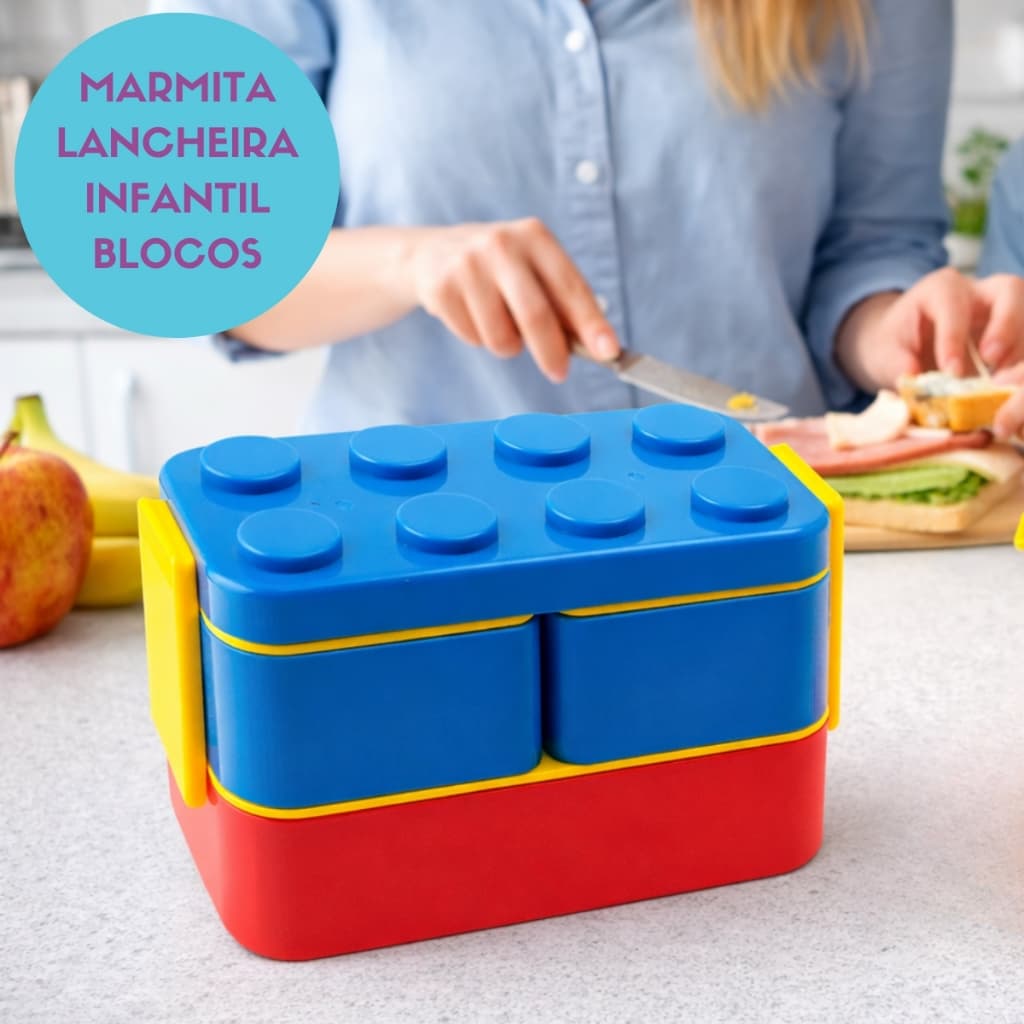 Marmita Lancheira Infantil Divertida Blocos de Montar para Lanche da Escola