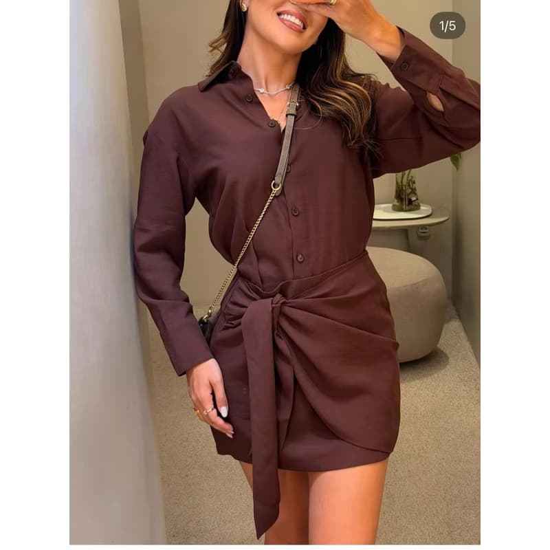 feminina conjunto camisa com saia tecido marrante2855