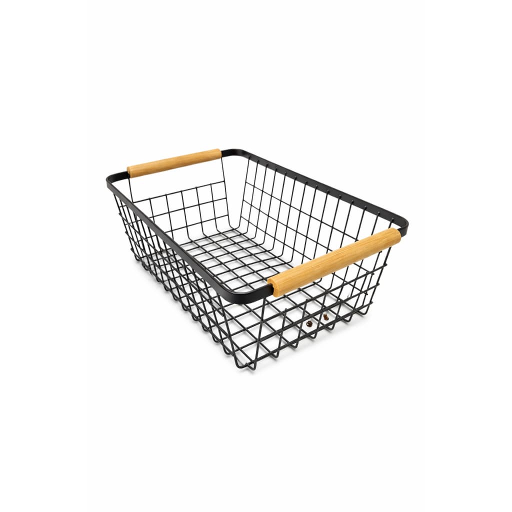 Cesto De Metal Preto C/ Alça De Bambu Paramount Elegante Cesto Multiuso