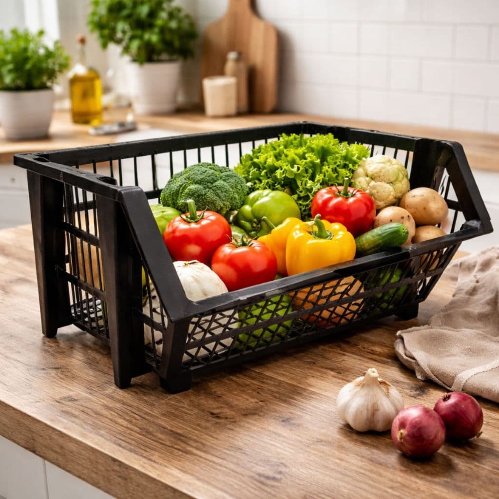 Cesto Organizador Multiuso Plástico Empilhavel Reforçada 1,3,4 ou 5 unidades Frutas Legumes Mantimentos Brinquedos Preta
