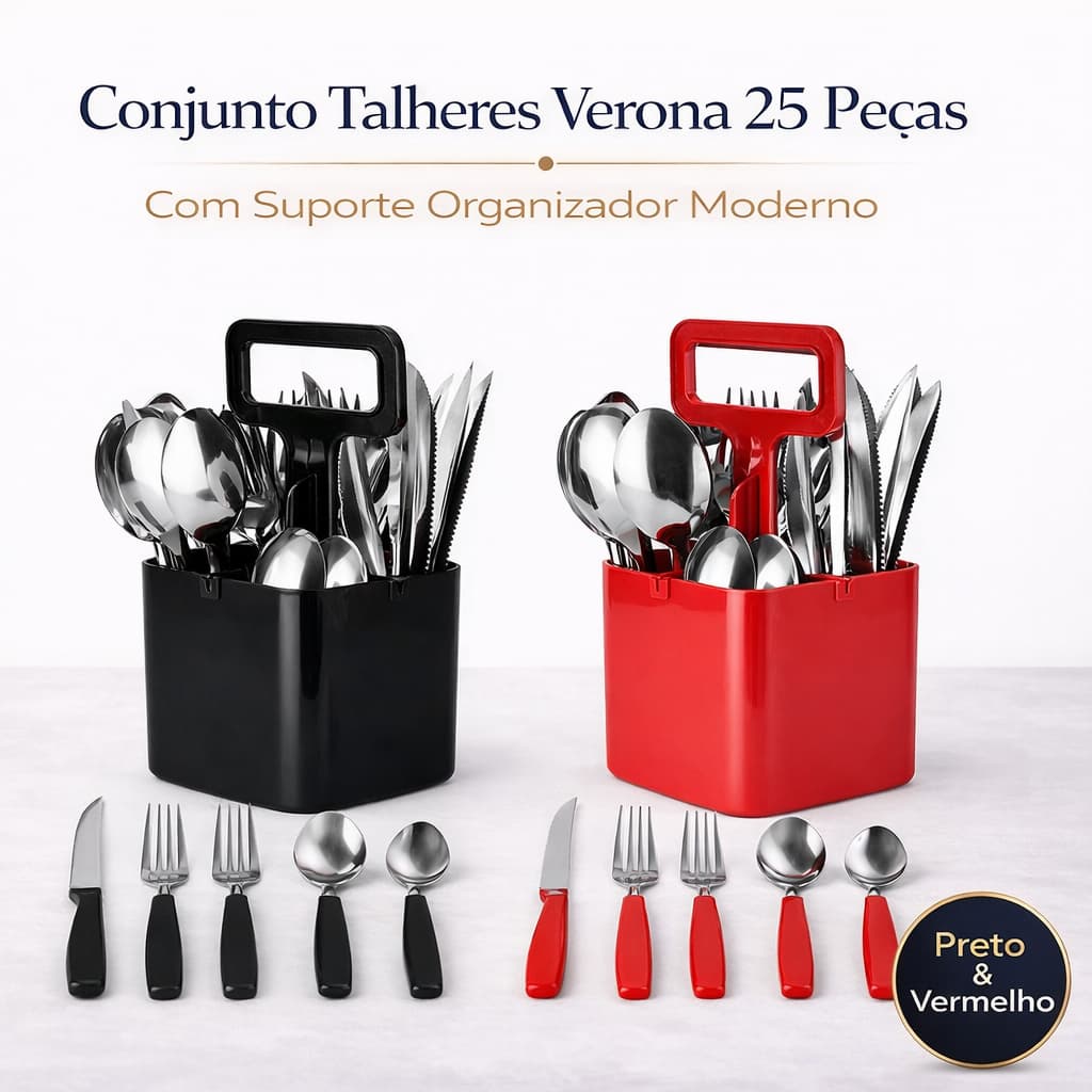 Conjunto Talheres 25 Peças Com Suporte Organizador, Preto Vermelho Faqueiro Cozinha Inox Garfo Faca