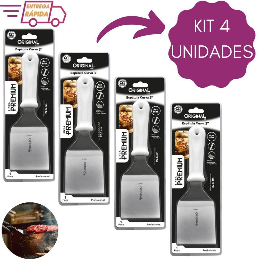Kit 4 Espátulas em inox Curva 3" Premium Pizza Chapa Hambúrguer Lanchonetes Chapeiro Churrasco Restaurante