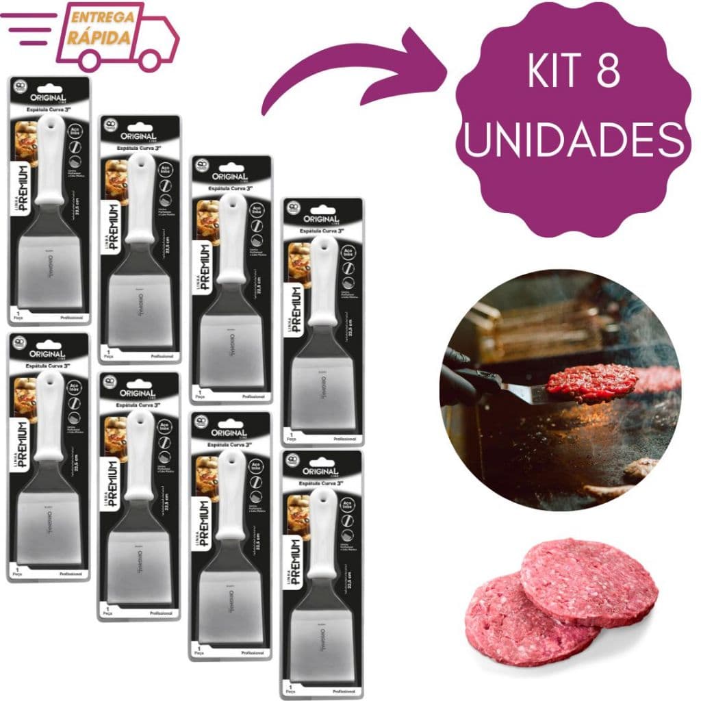 Kit 8 Espátulas em inox Curva 3" Premium Pizza Chapa Hambúrguer Lanchonetes Chapeiro Churrasco Restaurante