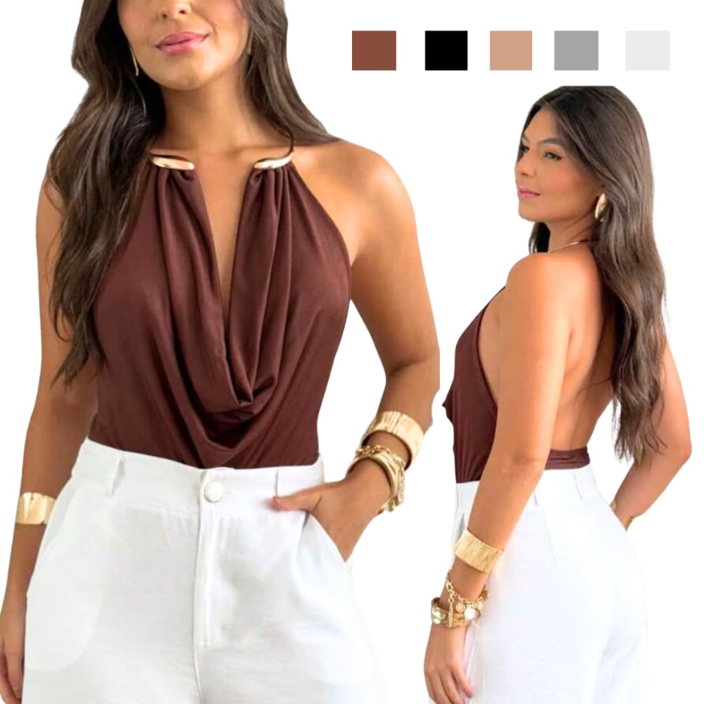 Body Feminino Decote Drapeado com Argola Luxo Suplex Premium Modela o Corpo Elegante Moda Blogueira