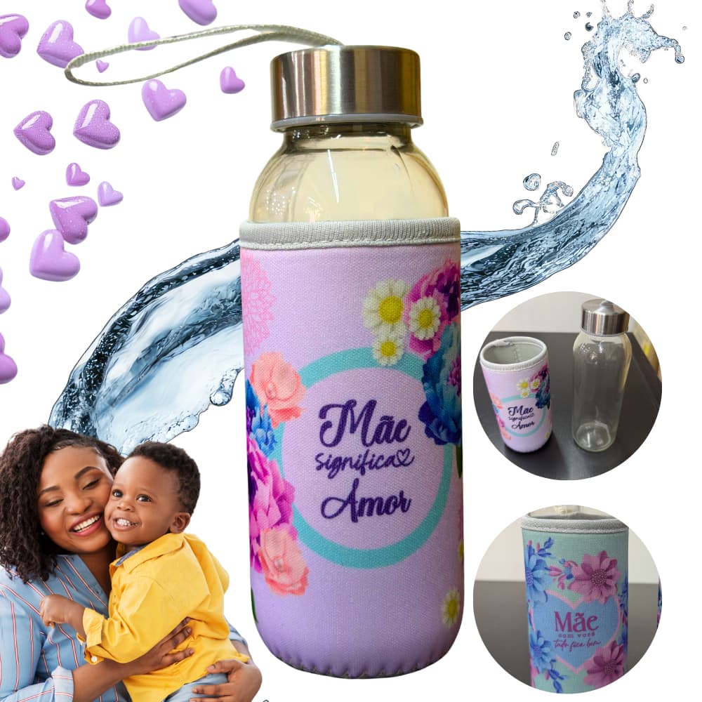 Garrafa dia das mães vidro 300ml capa protetora squezee amor presente lembrança prática resistente dia a dia