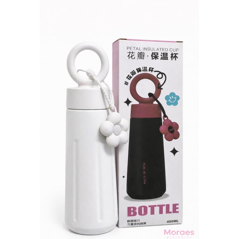 Garrafa térmica 450ml com alça e pingente, mantém a temperatura, design moderno e portátil.