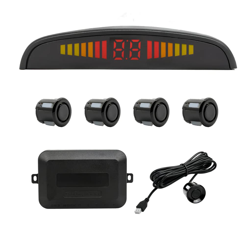 Sensor de ré universal para carro com 4 sensores, display LED e alerta sonoro — um ótimo auxiliar para estacionar.